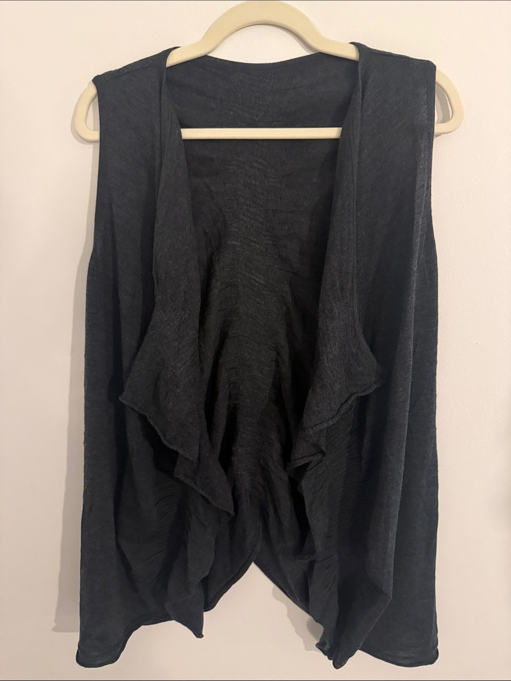Yoshi Yoshi by PJ Sleeveless Draped Open Front Wool Vest in Charcoal, Japanese